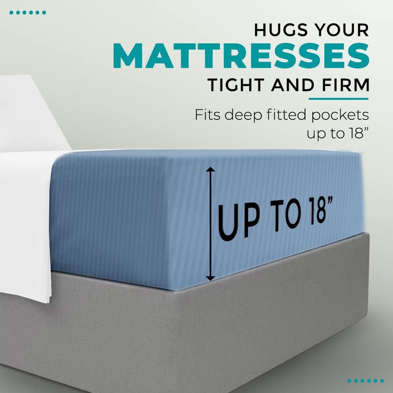 FEATHER & STITCH NEW Feather & Stitch 100% Cotton 1 Piece Damask Stripe Queen Fitted Sheet 500 Thread Count Blue 18 Inch Extra Deep Pocket Luxury Sateen Weave Stretchable Boxer Elastic Fits Mattress Perfectly  - Image 4