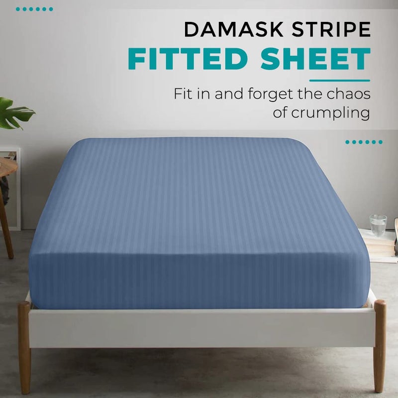 FEATHER & STITCH NEW Feather & Stitch 100% Cotton 1 Piece Damask Stripe Queen Fitted Sheet 500 Thread Count Blue 18 Inch Extra Deep Pocket Luxury Sateen Weave Stretchable Boxer Elastic Fits Mattress Perfectly  - Image 5