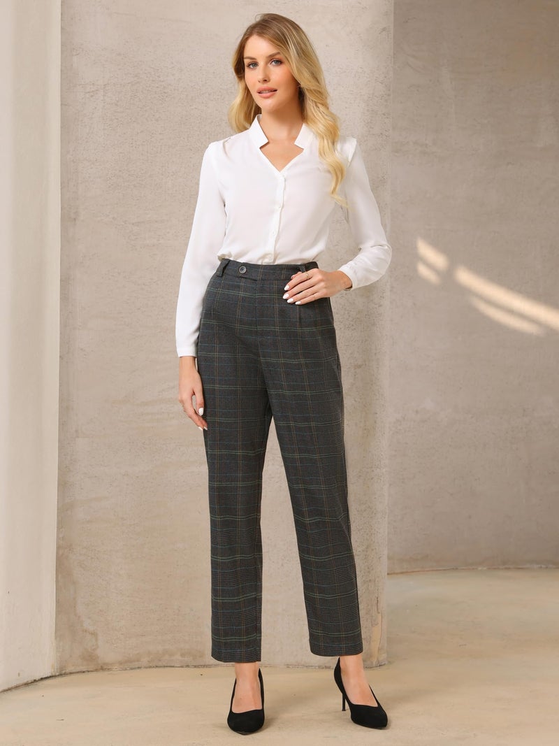 Hobemty Women's Plaid Work Pant Vintage Houndstooth Tartan Straight Long Trousers Large Dark Grey - Image 2
