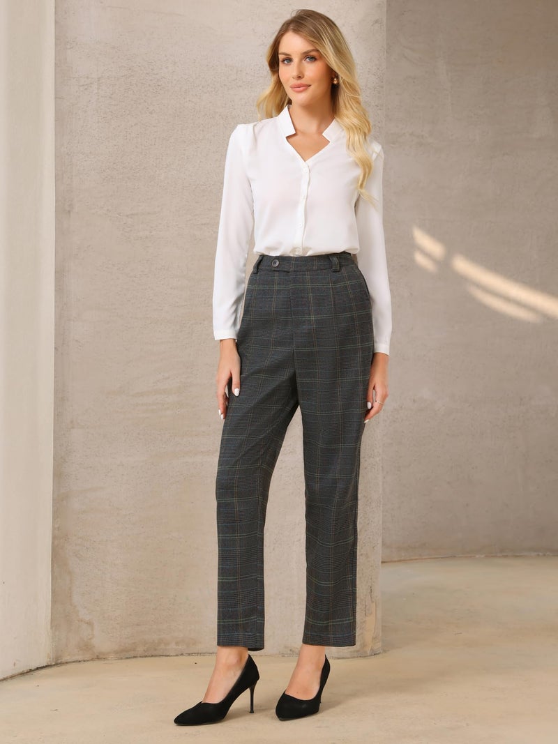 Hobemty Women's Plaid Work Pant Vintage Houndstooth Tartan Straight Long Trousers Large Dark Grey - Image 3