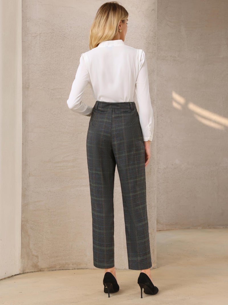 Hobemty Women's Plaid Work Pant Vintage Houndstooth Tartan Straight Long Trousers Large Dark Grey - Image 5