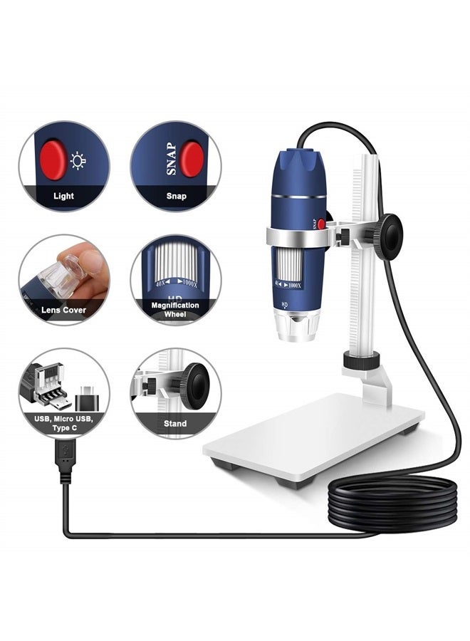 Jiusion HD 2MP USB Digital Microscope 40X to 1000X Portable Magnification Endoscope Camera with 8 LEDs Aluminum Alloy Stable Stand for OTG Android Mac Windows 7 8 10 11 Linux  - Image 3