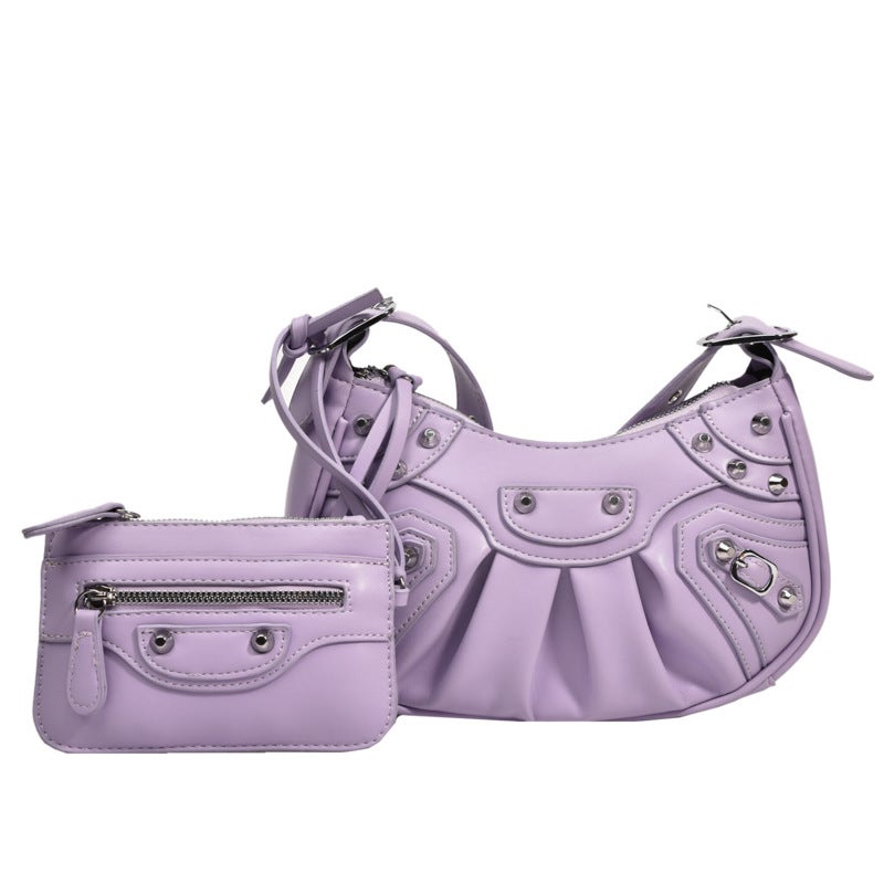 2024 Crescent Folded Shoulder Bag with Rivets Purple 