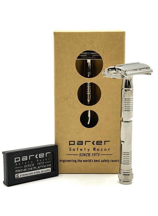 Parker Safety Razor , 90R Nickel Plated Long Handle Butterfly Open Double Edge Safety Razor for Men, 5 Parker Premium Platinum Double Edge Razor Blades Included