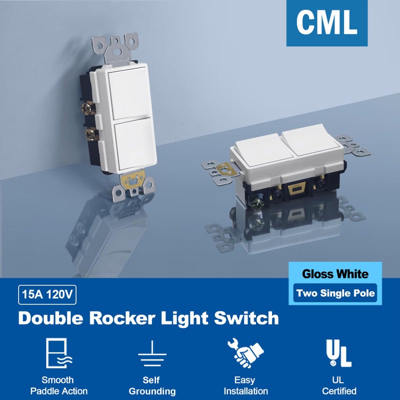 CML Hardware CML Double Rocker Decorator Light Switch, Dual Single Pole Paddle in-Wall Switch, Self-grounding Electrical On/Off Interrupter, 15A 120V, UL Listed, 1 Pack, White - Image 2