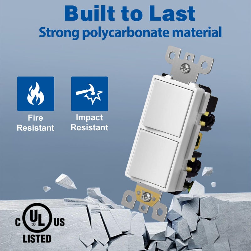 CML Hardware CML Double Rocker Decorator Light Switch, Dual Single Pole Paddle in-Wall Switch, Self-grounding Electrical On/Off Interrupter, 15A 120V, UL Listed, 1 Pack, White - Image 3