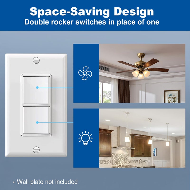 CML Hardware CML Double Rocker Decorator Light Switch, Dual Single Pole Paddle in-Wall Switch, Self-grounding Electrical On/Off Interrupter, 15A 120V, UL Listed, 1 Pack, White - Image 5