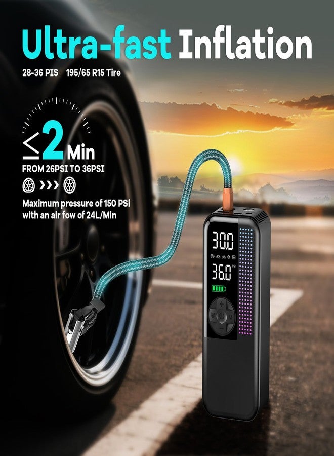 WEOLULI Tire Inflator Portable Air Compressor, 150 PSI Cordless Air Pump, Dual Power 6000mAh, 12V DC Car Plug, Fast Inflation 24L/Min, Auto Shut-Off, LED Light, 4 Preset Modes for Car, Bike, Motorcycle, Balls - Image 3