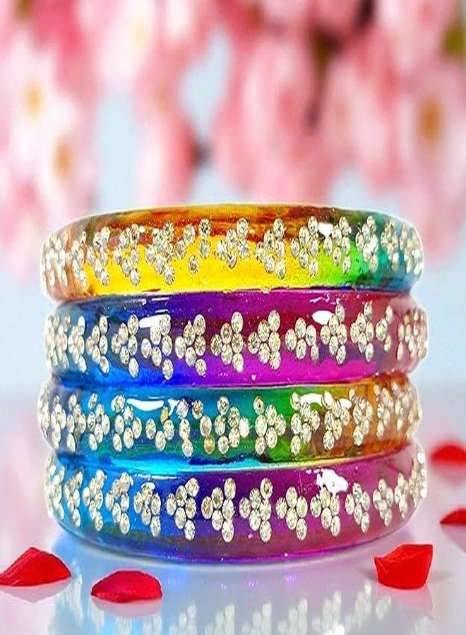 BANGLESKART Stylish Crystal Stone Studded Glass Bangles Set for Women & Girls | Bridal, Wedding, Festival Fashion Jewelry Kada | Fancy Kanch ki Chudi Set | Woman's Fashion Jewellery - Pack of 4 (Multi, 2.6) - Image 4