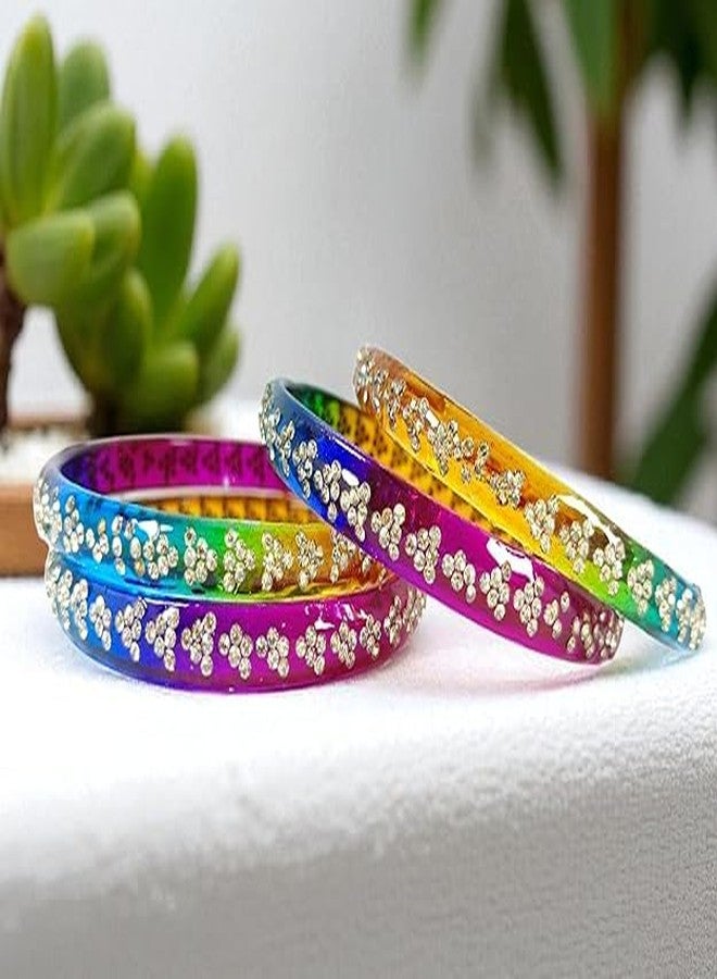 BANGLESKART Stylish Crystal Stone Studded Glass Bangles Set for Women & Girls | Bridal, Wedding, Festival Fashion Jewelry Kada | Fancy Kanch ki Chudi Set | Woman's Fashion Jewellery - Pack of 4 (Multi, 2.6) - Image 3