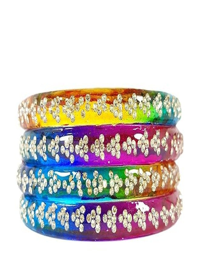 BANGLESKART Stylish Crystal Stone Studded Glass Bangles Set for Women & Girls | Bridal, Wedding, Festival Fashion Jewelry Kada | Fancy Kanch ki Chudi Set | Woman's Fashion Jewellery - Pack of 4 (Multi, 2.6) - Image 2