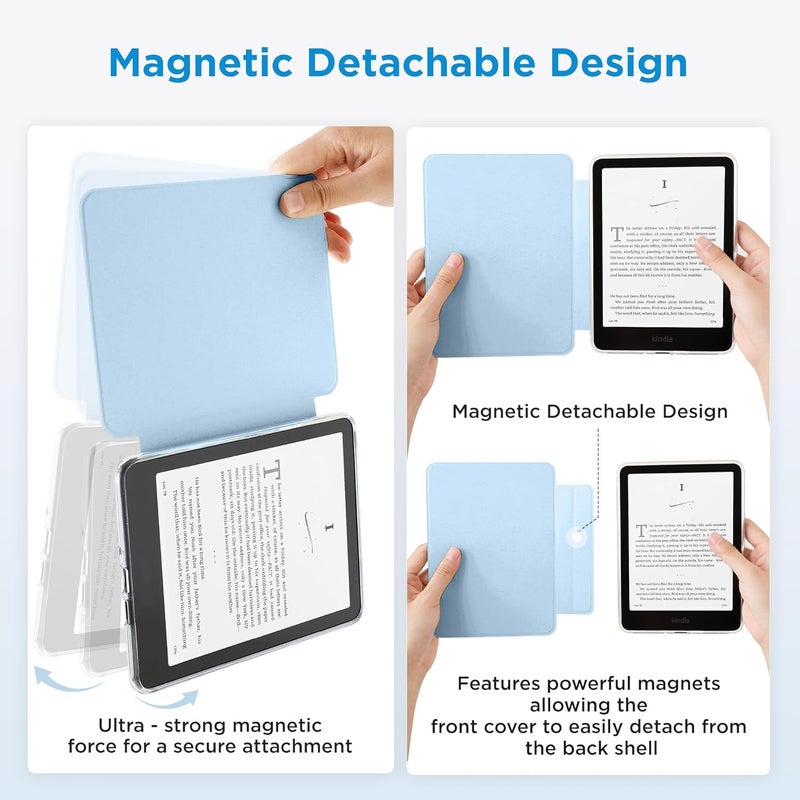حافظة مغناطيسية قابلة للفك من لجهاز Kindle Paperwhite مقاس 7 بوصة، الجيل الثاني عشر 2024 وKindle Colorsoft Signature Edition، غلاف خارجي رقيق من البولي يوريثان (PU) مع وظيفة تشغيل/إيقاف التلقائي، لون أزرق فاتح - Image 3