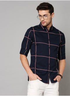 Slim Fit Dark Blue Men's Solid Shirt, Spread Collar, Full Sleeves, 100% Cotton