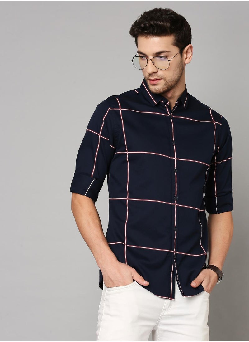 Dennis Lingo - Slim Fit Dark Blue Men's Solid Shirt, Spread Collar, Full Sleeves, 100% Cotton - Image 1