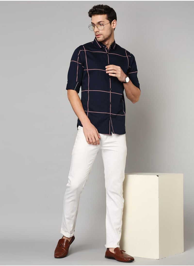 Dennis Lingo - Slim Fit Dark Blue Men's Solid Shirt, Spread Collar, Full Sleeves, 100% Cotton - Image 1