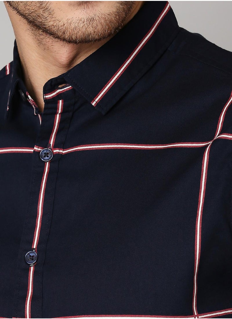 Dennis Lingo - Slim Fit Dark Blue Men's Solid Shirt, Spread Collar, Full Sleeves, 100% Cotton - Image 1