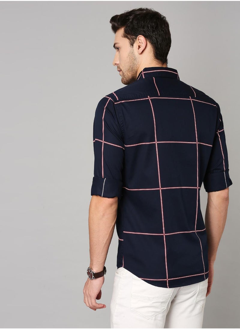 Dennis Lingo - Slim Fit Dark Blue Men's Solid Shirt, Spread Collar, Full Sleeves, 100% Cotton - Image 1