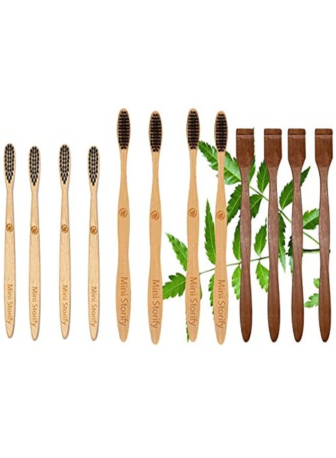 Mini Storify Truly Organic فرشاة أسنان ميني ستوريفاي العضوية بالكامل للبالغين من الخيزران - تنظيف الفم، | فرشاة أسنان للأطفال من الخيزران - تنظيف الفم، | منظف/مكشطة لسان من خشب النيم النقي للبالغين والأطفال (عبوة من 12 قطعة) - Image 1