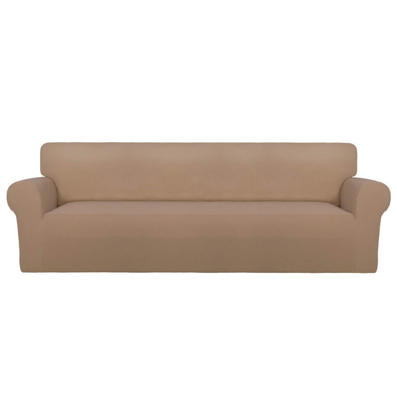 PureFit Super Stretch 4 Seater Sofa Slipcover Spandex Non Slip Soft Couch Sofa Cover Washable Furniture Protector with Non Skid Foam and Elastic Bottom for Kids Pets XX Large Camel