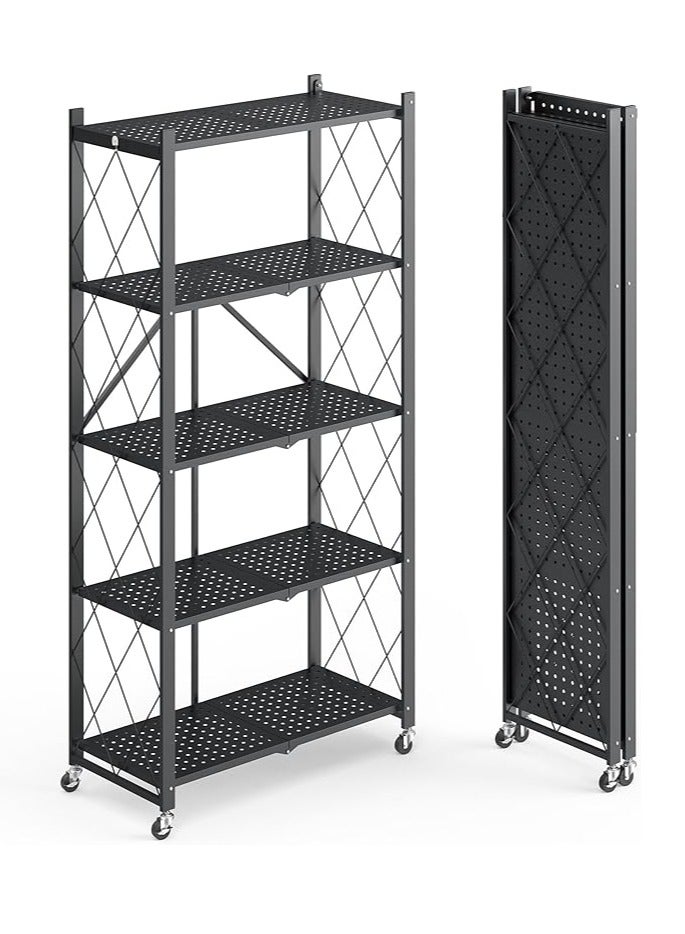 5-Tier Foldable Storage Shelf Unit with Wheels for Portable Storage and Organization in Kitchen, Wardrobe, Closet, Patio, and Pantry, Black - Image 1