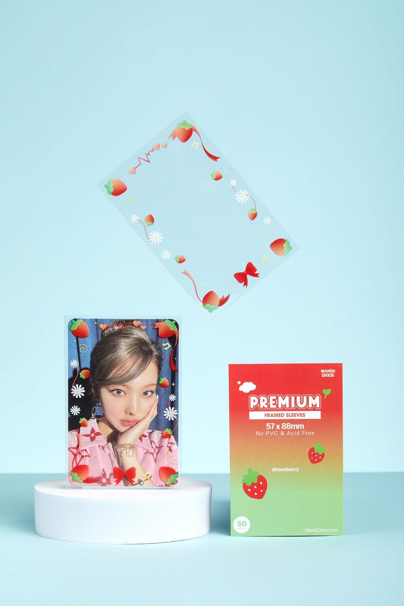Mandu Deco Strawberry Frame Sleeve, Polypropylene Card Protector for Kpop Album Photocards, PVC Free and Acid Free, 50 Sleeves Per Pack (57x88mm) - Image 2
