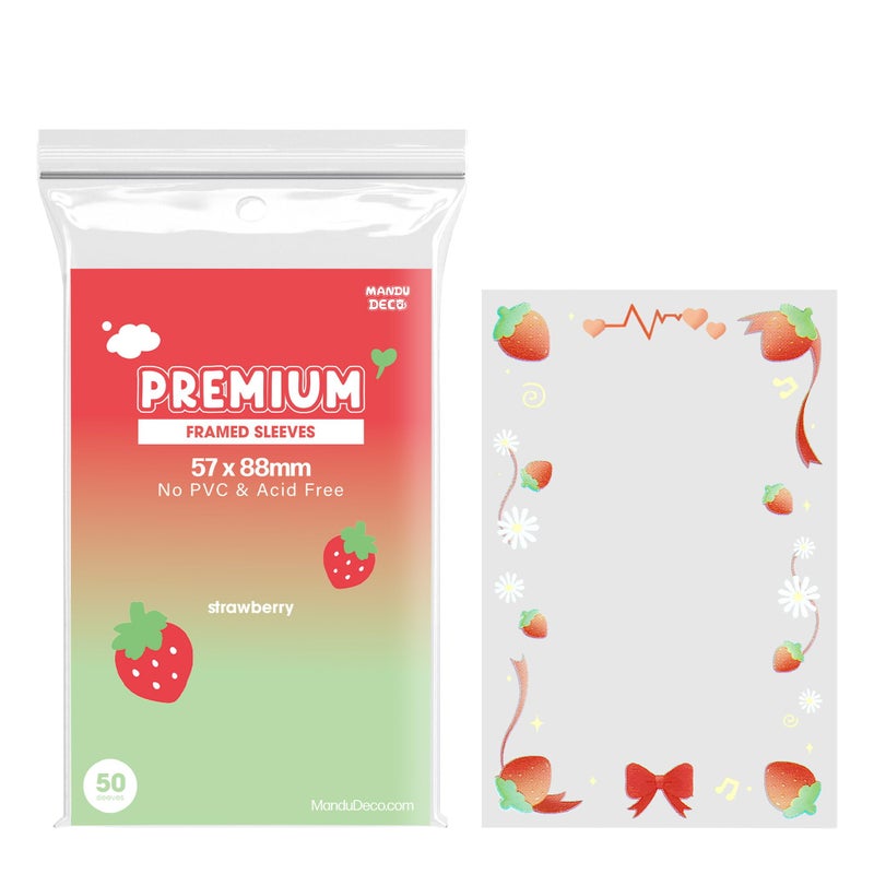 Mandu Deco Strawberry Frame Sleeve, Polypropylene Card Protector for Kpop Album Photocards, PVC Free and Acid Free, 50 Sleeves Per Pack (57x88mm) - Image 1