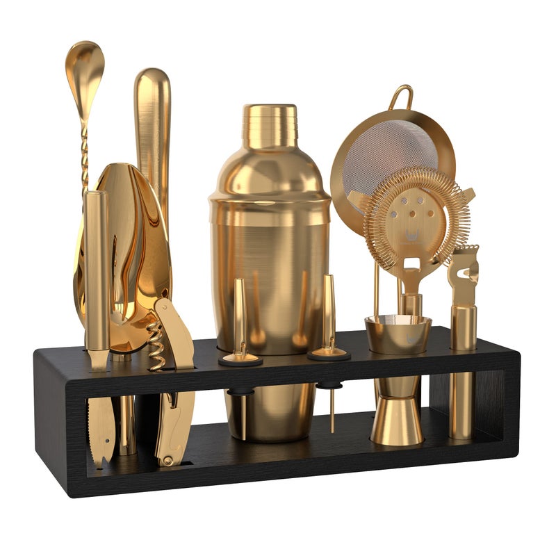 Highball  Chaser Bartender Kit with Espresso Bamboo Stand Beautiful Cobbler Cocktail Shaker Set with Bar Tools Rustproof Stainless Steel Bar Set Matte Gold