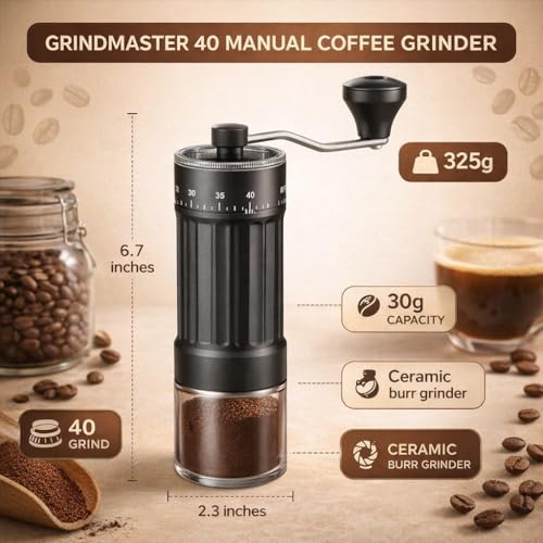 AAshonee® Grindmaster 40 Manual Coffee Grinder | 40 Grind Settings | Ceramic Burr | Portable & Easy Clean | Espresso | French Press | Pour Over | Cold Brew (Black) - Image 2