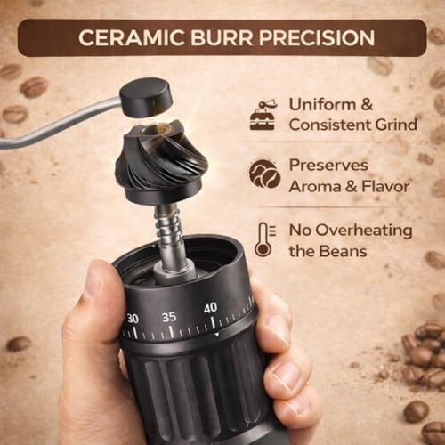 AAshonee® Grindmaster 40 Manual Coffee Grinder | 40 Grind Settings | Ceramic Burr | Portable & Easy Clean | Espresso | French Press | Pour Over | Cold Brew (Black) - Image 4