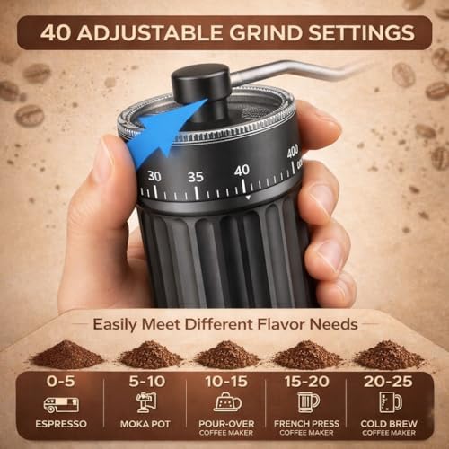 AAshonee® Grindmaster 40 Manual Coffee Grinder | 40 Grind Settings | Ceramic Burr | Portable & Easy Clean | Espresso | French Press | Pour Over | Cold Brew (Black) - Image 3