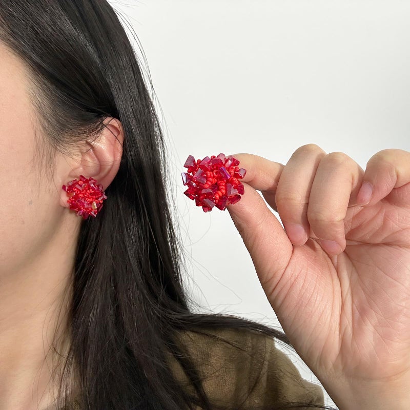 HTH Flower Beaded Stud Earrings Colorful Bright Flower Cluster Hydrangea Beads Earrings Summer Vacation Earrings(Red) - Image 4