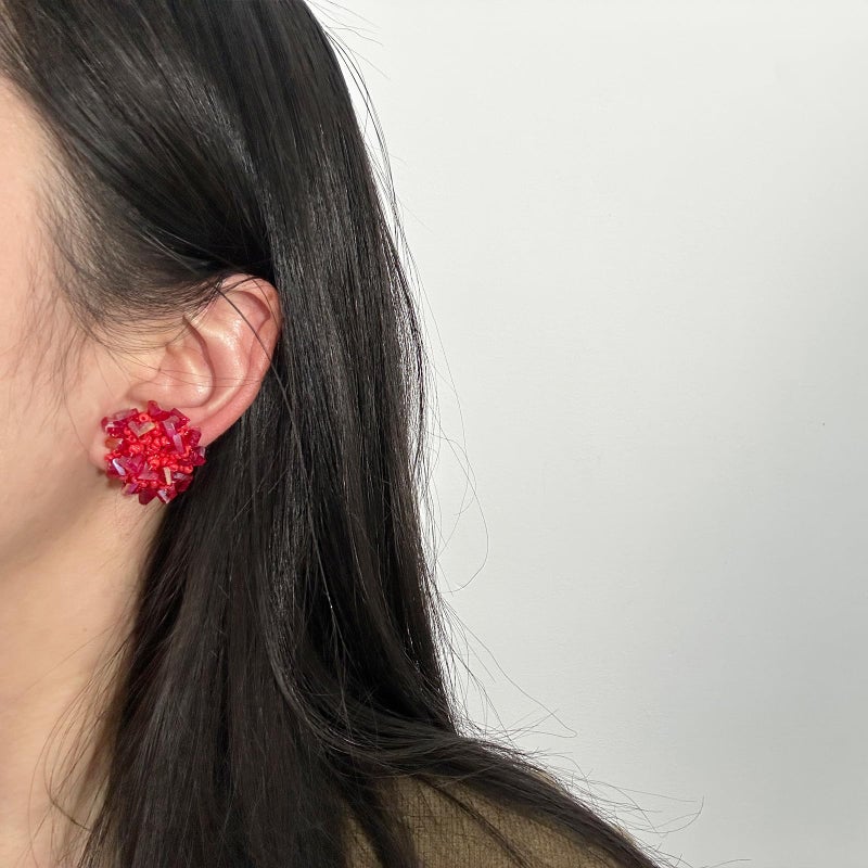 HTH Flower Beaded Stud Earrings Colorful Bright Flower Cluster Hydrangea Beads Earrings Summer Vacation Earrings(Red) - Image 5