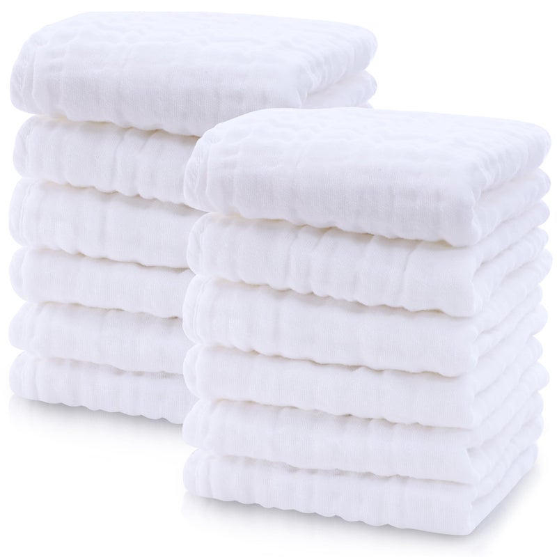 Cute Castle 12 Pack Muslin Baby Washcloths - Large 12'' by 12'' - Ultra Soft 100% Cotton - Super Absorbent Burp Cloths for Unisex, Boy, Girl -White - Image 1