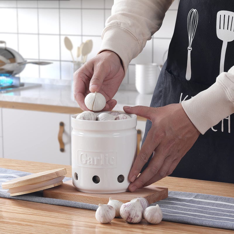 ONTUBE Garlic Keeper with Wooden Lid, 4.5-Inch Ceramic Garlic Holder Storage, Garlic Container for Kitchen, Garlic Saver to Keep Your Garlic Cloves Fresh Longe 24 oz, White - Image 2
