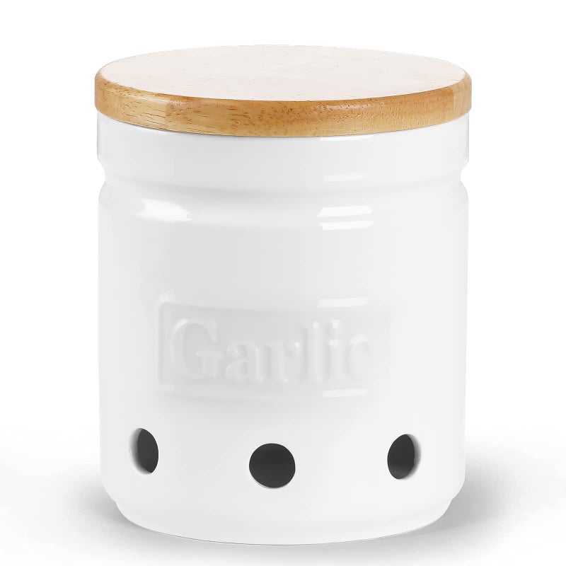 ONTUBE Garlic Keeper with Wooden Lid, 4.5-Inch Ceramic Garlic Holder Storage, Garlic Container for Kitchen, Garlic Saver to Keep Your Garlic Cloves Fresh Longe 24 oz, White - Image 1