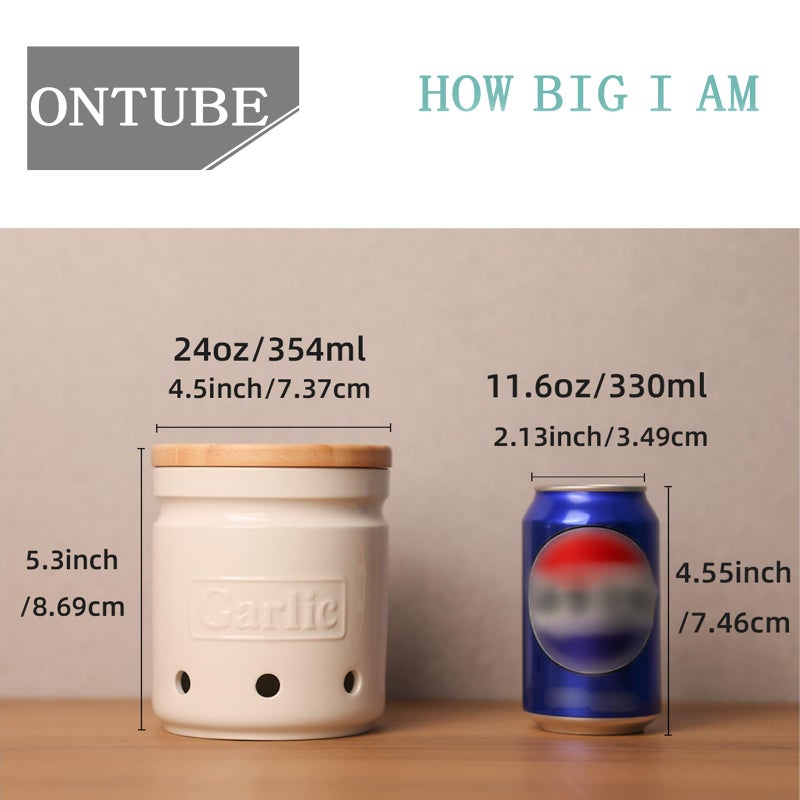 ONTUBE Garlic Keeper with Wooden Lid, 4.5-Inch Ceramic Garlic Holder Storage, Garlic Container for Kitchen, Garlic Saver to Keep Your Garlic Cloves Fresh Longe 24 oz, White - Image 3