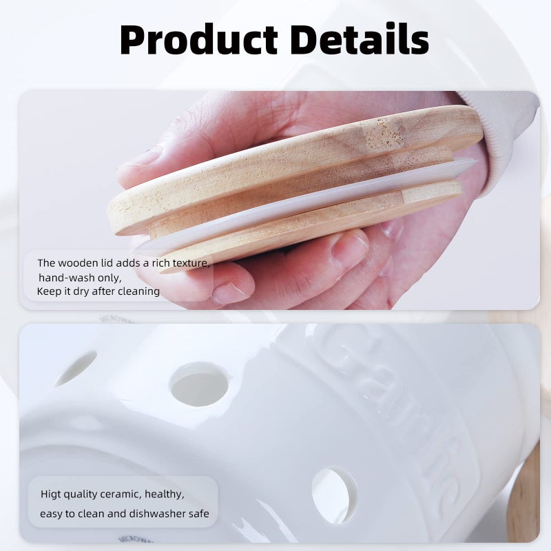 ONTUBE Garlic Keeper with Wooden Lid, 4.5-Inch Ceramic Garlic Holder Storage, Garlic Container for Kitchen, Garlic Saver to Keep Your Garlic Cloves Fresh Longe 24 oz, White - Image 4