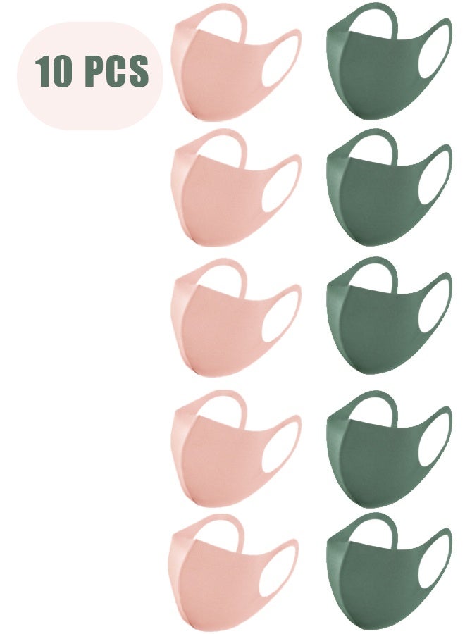 10 Pcs Reusable 3D Contour Face Masks, Soft Skin-Friendly Washable Fabric Mask for Dust, Wind, UV Protection, Breathable Comfortable Face Cover with Ear Loops (Light Brown and Bean Paste Green) - Image 1