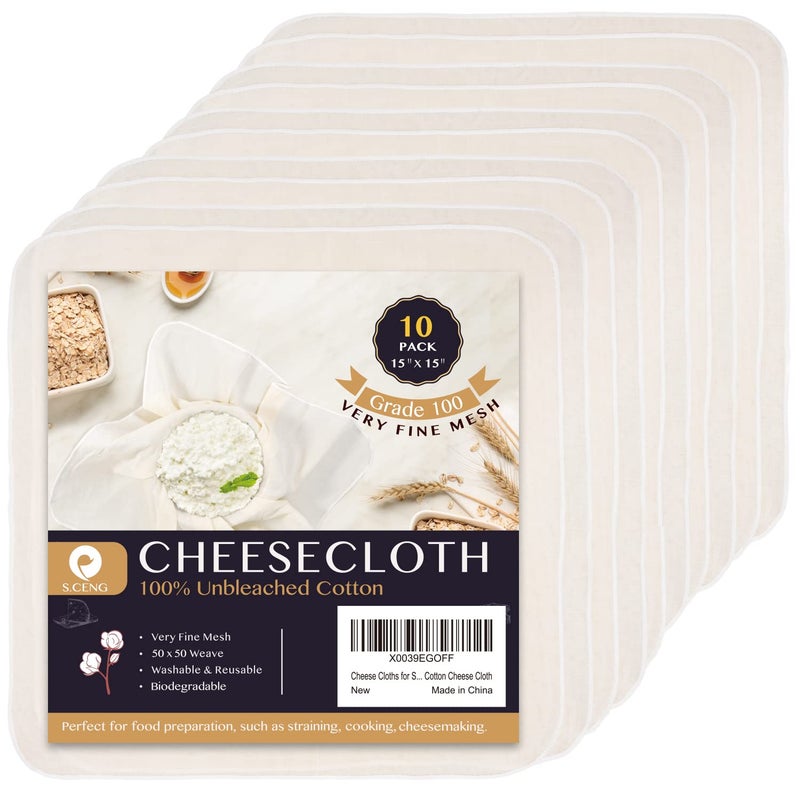 Cheese Cloths for Straining Grade 100 15 x 15inch 10 Pack Hemmed Cheesecloth for Cooking 100 Combed Unbleached Cotton Cheese Cloth