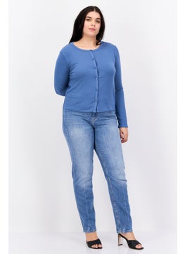 TRIUMPH Women Round Neck Ribbed Cardigan, Slate Blue  - Image 3