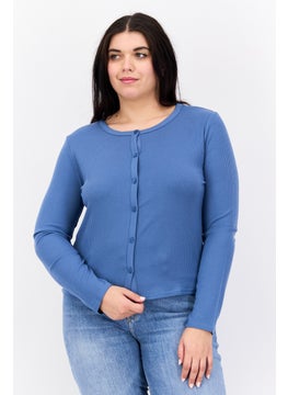 TRIUMPH Women Round Neck Ribbed Cardigan, Slate Blue  - Image 1
