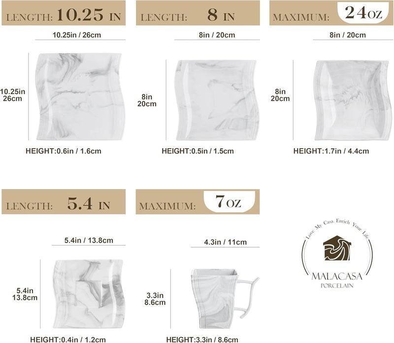 MALACASA Plates and Bowls Sets 30 Piece Porcelain Dinnerware Sets for 6 Square Dinnerware Set with Dinner Plate Dessert Plate Soup Plate Cup and Saucer Modern Dish Set Marble Grey Series Flora - Image 2