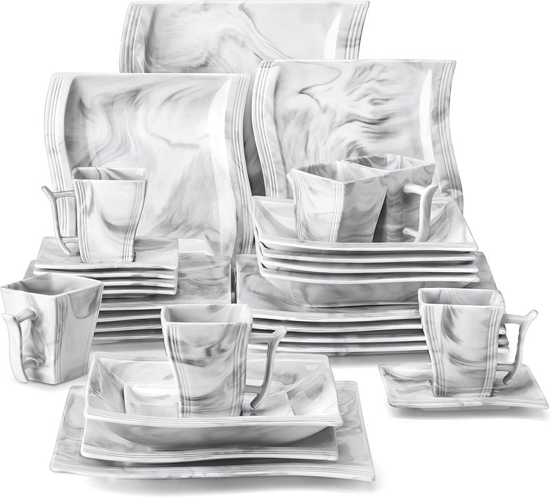 MALACASA Plates and Bowls Sets 30 Piece Porcelain Dinnerware Sets for 6 Square Dinnerware Set with Dinner Plate Dessert Plate Soup Plate Cup and Saucer Modern Dish Set Marble Grey Series Flora - Image 1