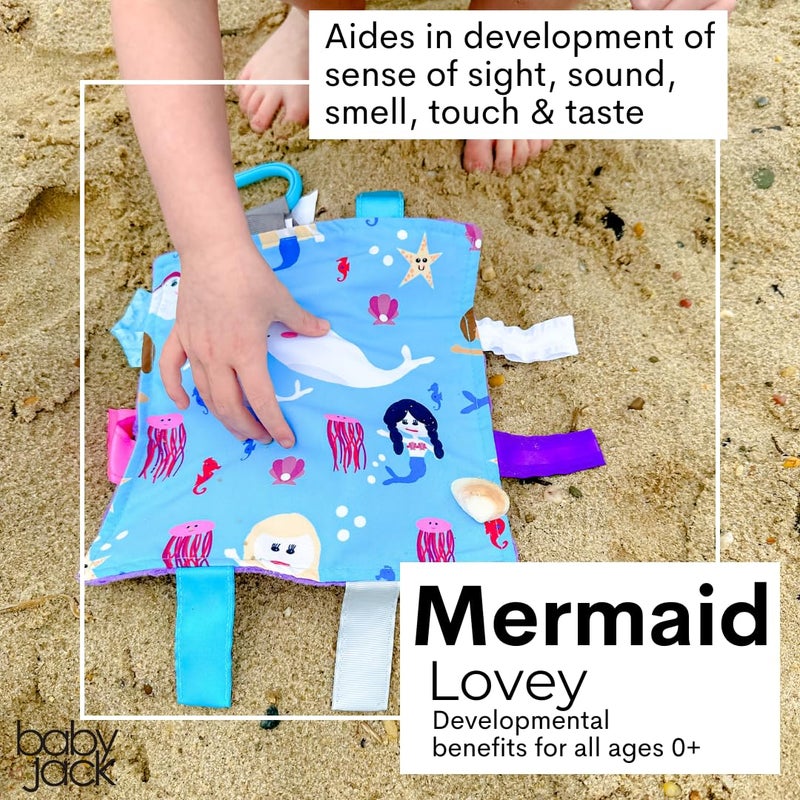 The Learning Lovey Baby Jack & Co 8x8” Mermaids, Narwhals, Sea Horse Under The Sea Lovey Tag Toy - Crinkle Toy for Developing 5 Senses - Soother - Learn Shapes & Colors - Travel Gift - BPA Free w/Stroller Clip - Image 3