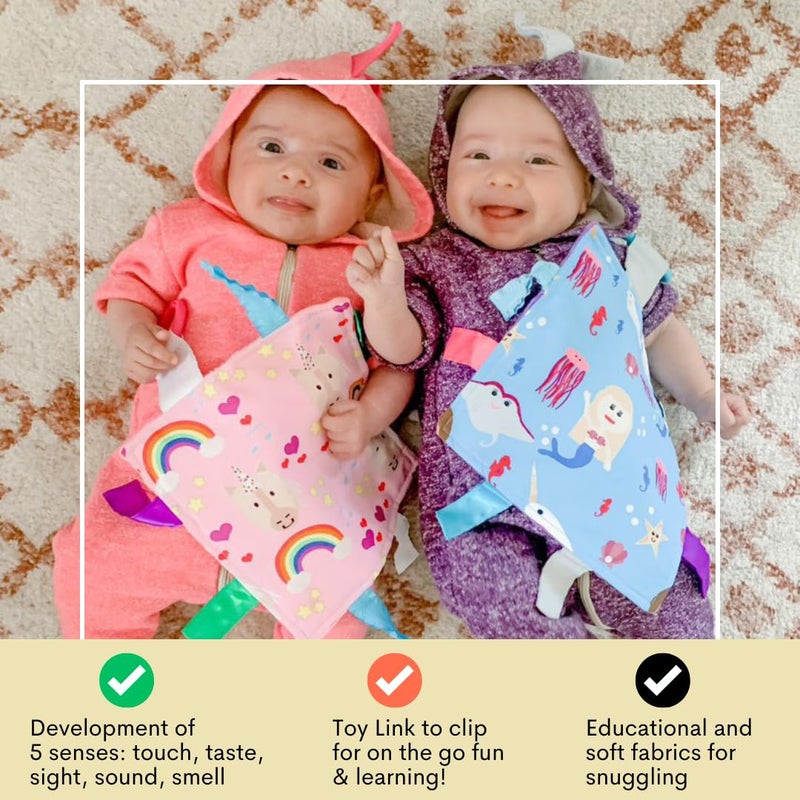 The Learning Lovey Baby Jack & Co 8x8” Mermaids, Narwhals, Sea Horse Under The Sea Lovey Tag Toy - Crinkle Toy for Developing 5 Senses - Soother - Learn Shapes & Colors - Travel Gift - BPA Free w/Stroller Clip - Image 5