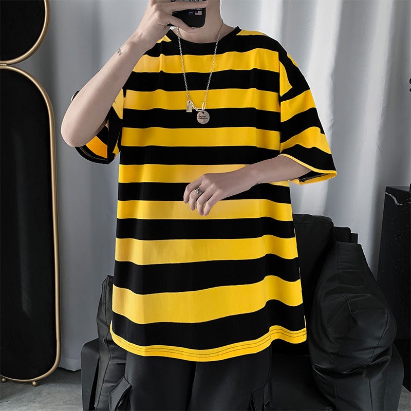 Summer Ins-Style Striped Short-Sleeve T-Shirt For Men, Korean Version, Loose Hong Kong Style Bf Five-Quarter Sleeve Half-Sleeve Top, Men'S Casual Trendy Brand - Image 4