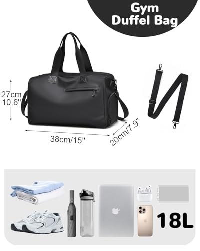 Outplea 18L Waterproof Gym Duffel Bag with Shoe Compartment & Wet Pocket for Men Women, Small Personal Item Travel Bag, Black - Image 2