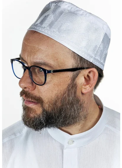 İhvan Online Topbaş Embroidery Patterned Pattern Fabric Skullcap White
