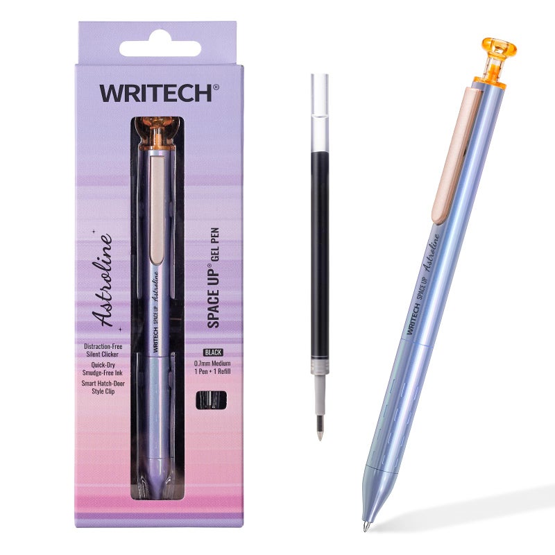 WRITECH قلم حبر جاف WRITECH ذو رأس دقيق: قلم Astroline ذو جسم معدني، عبوة واحدة مع عبوة إعادة تعبئة واحدة، حبر أسود قابل للسحب 0.7 مم، زر ضغط صامت، كتابة سلسة بدون تلطيخ (بنفسجي) - Image 1