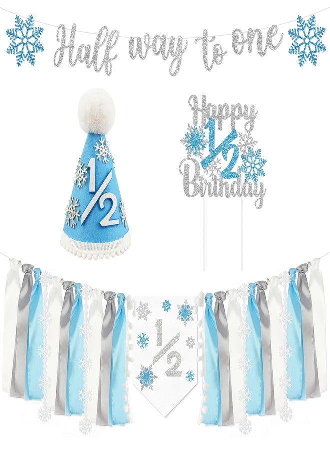 THAWAY 1/2 Birthday Snowflake Half Birthday Decorations - Snowflake It's My 1/2 Birth Banner Glitter Cake Topper Tassel High Chair Banner & Crown, Hat Halfway to One Boy Girl Party Supplies - Image 1